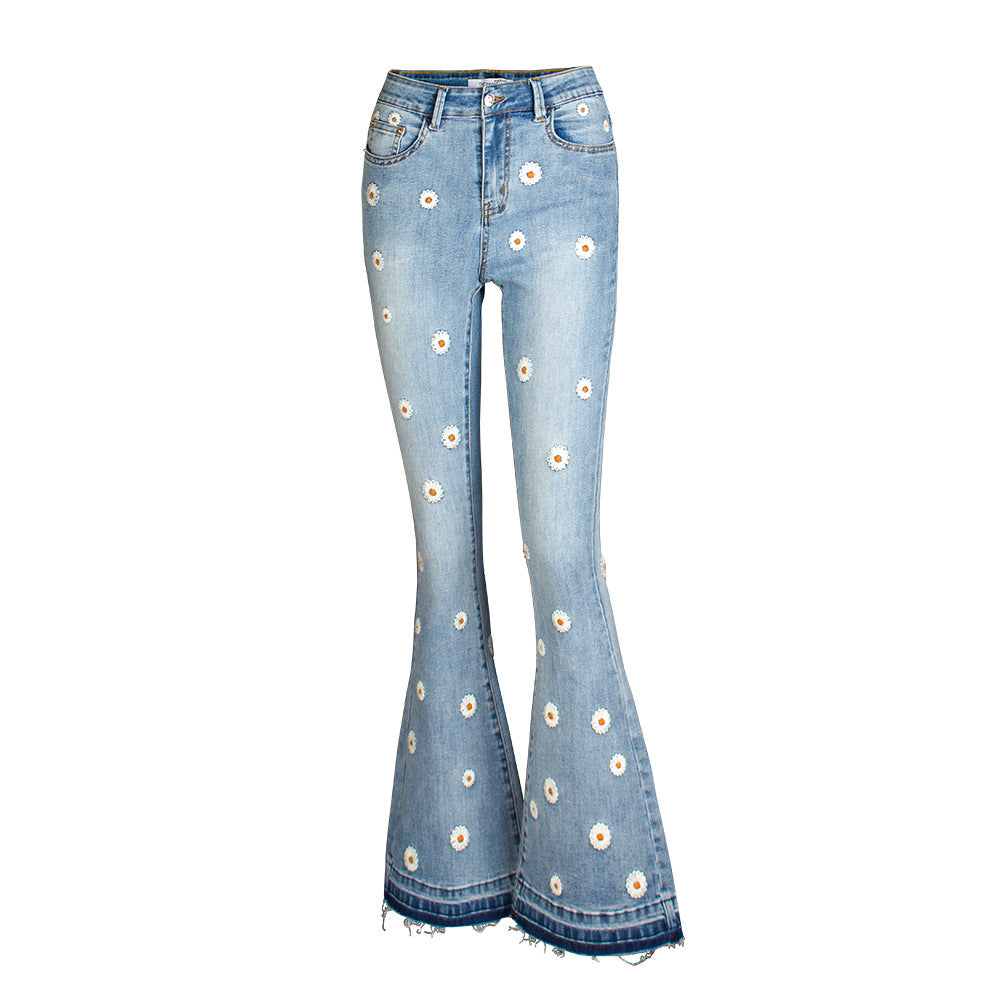 Women Wide-Leg Jeans Embroidered Horn Daisy Jeans Women Wide-Leg Jeans