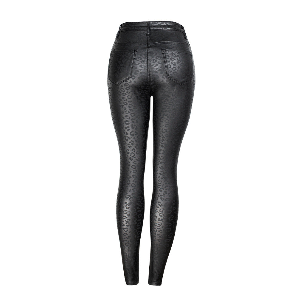 Black Faux Leather Pants Women Clothing High Waist Leopard-Print Coating Skinny Pants Women