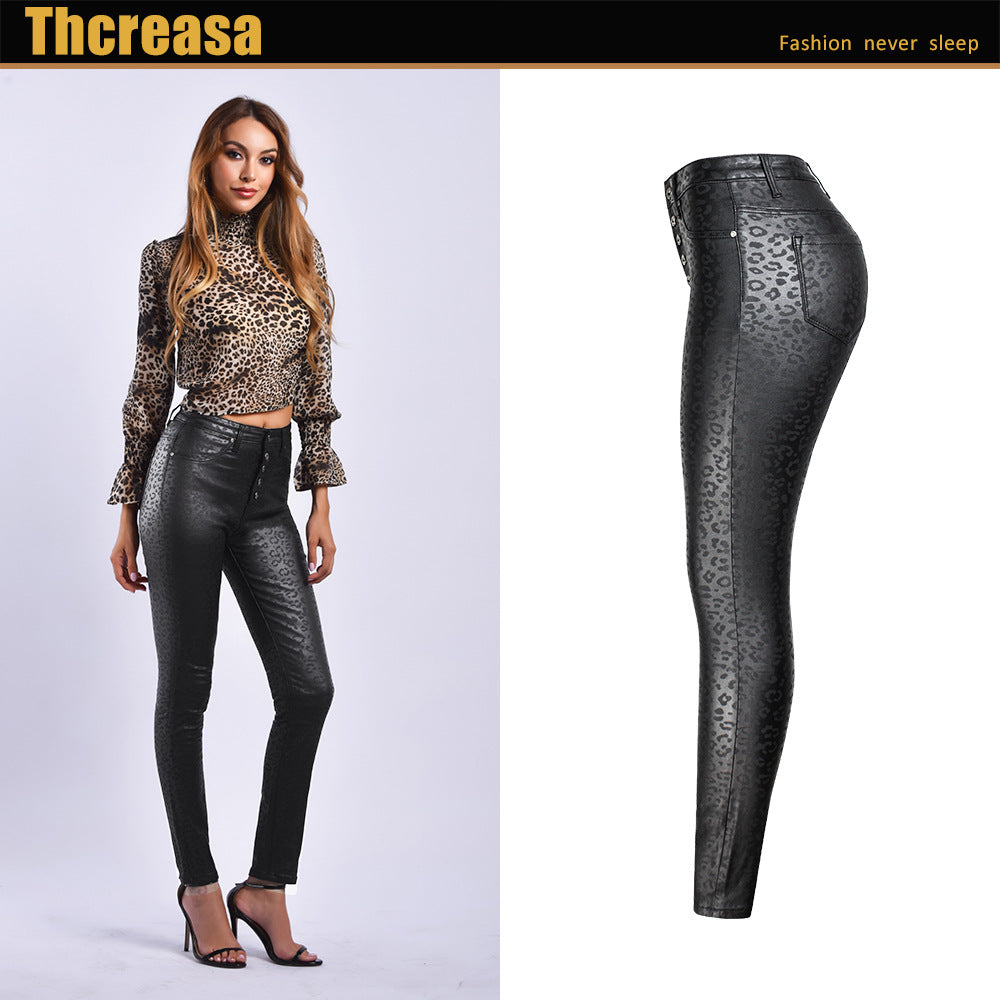 Black Faux Leather Pants Women Clothing High Waist Leopard-Print Coating Skinny Pants Women