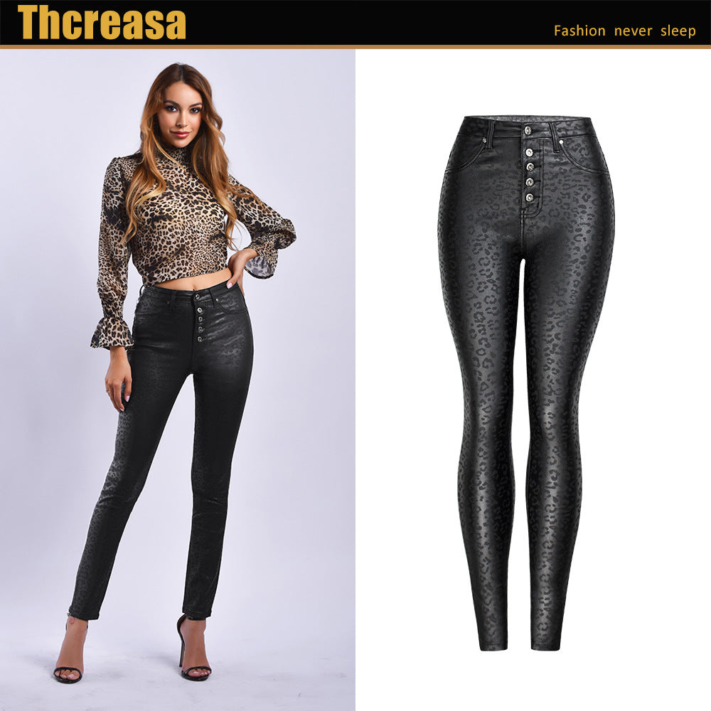 Black Faux Leather Pants Women Clothing High Waist Leopard-Print Coating Skinny Pants Women