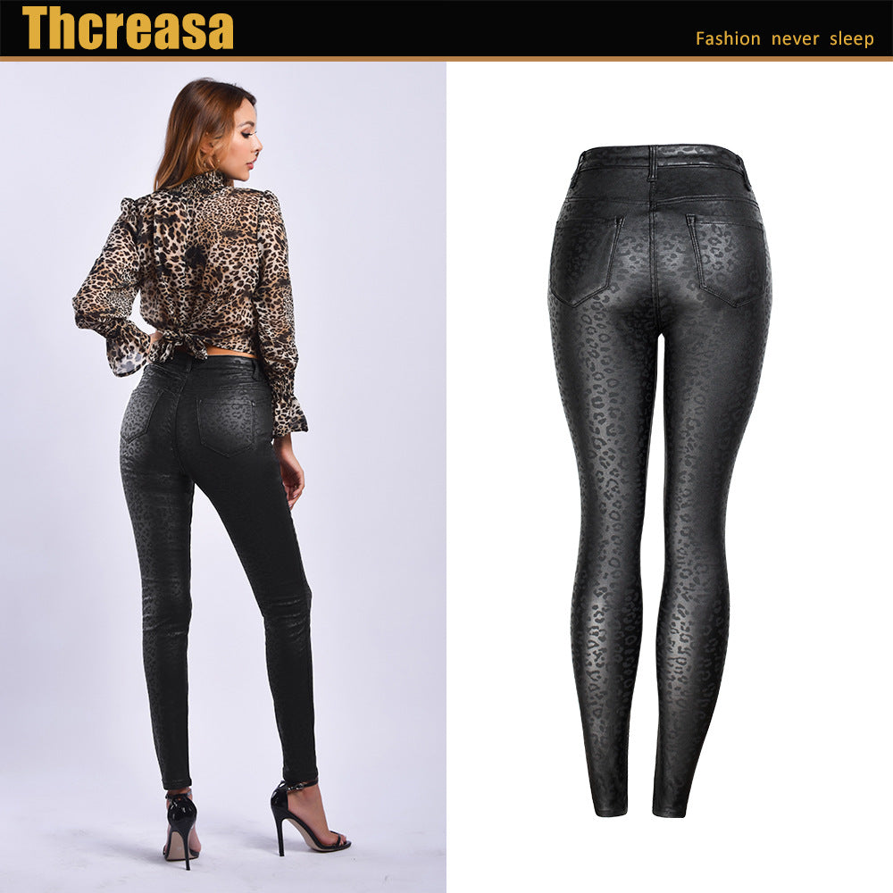 Black Faux Leather Pants Women Clothing High Waist Leopard-Print Coating Skinny Pants Women