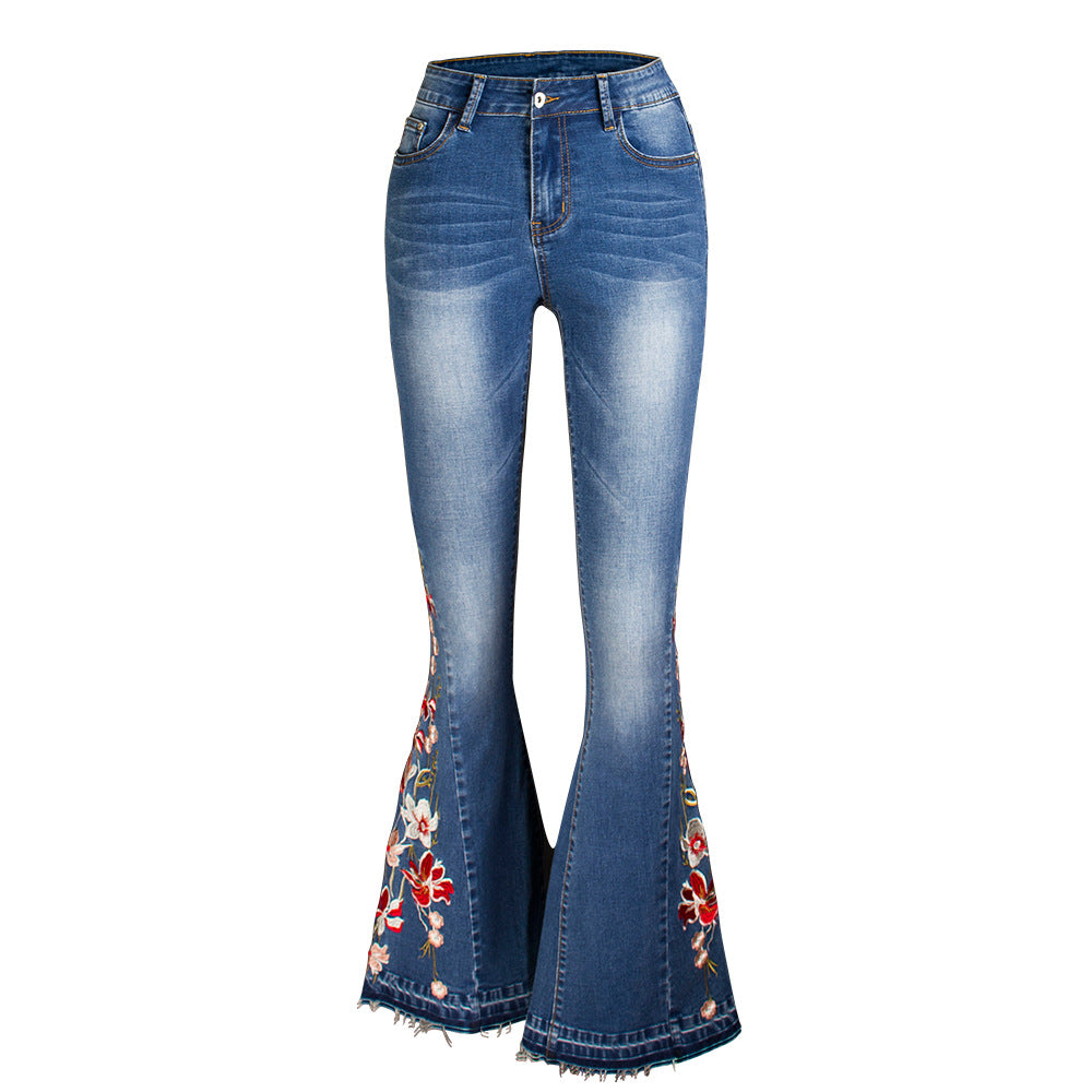 Women Denim Bell-Bottom Pants 3D Machine Embroidery Denim Women Autumn Denim Wide Leg Trousers