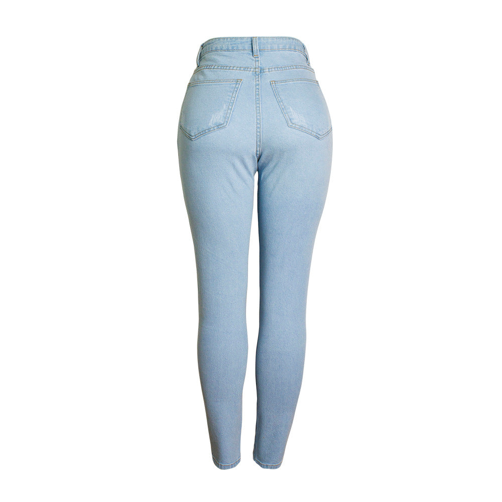 Fall Women Clothing High Waist Slim Stretch Jeans Pure Color Washed Slim Jeans Plus Size