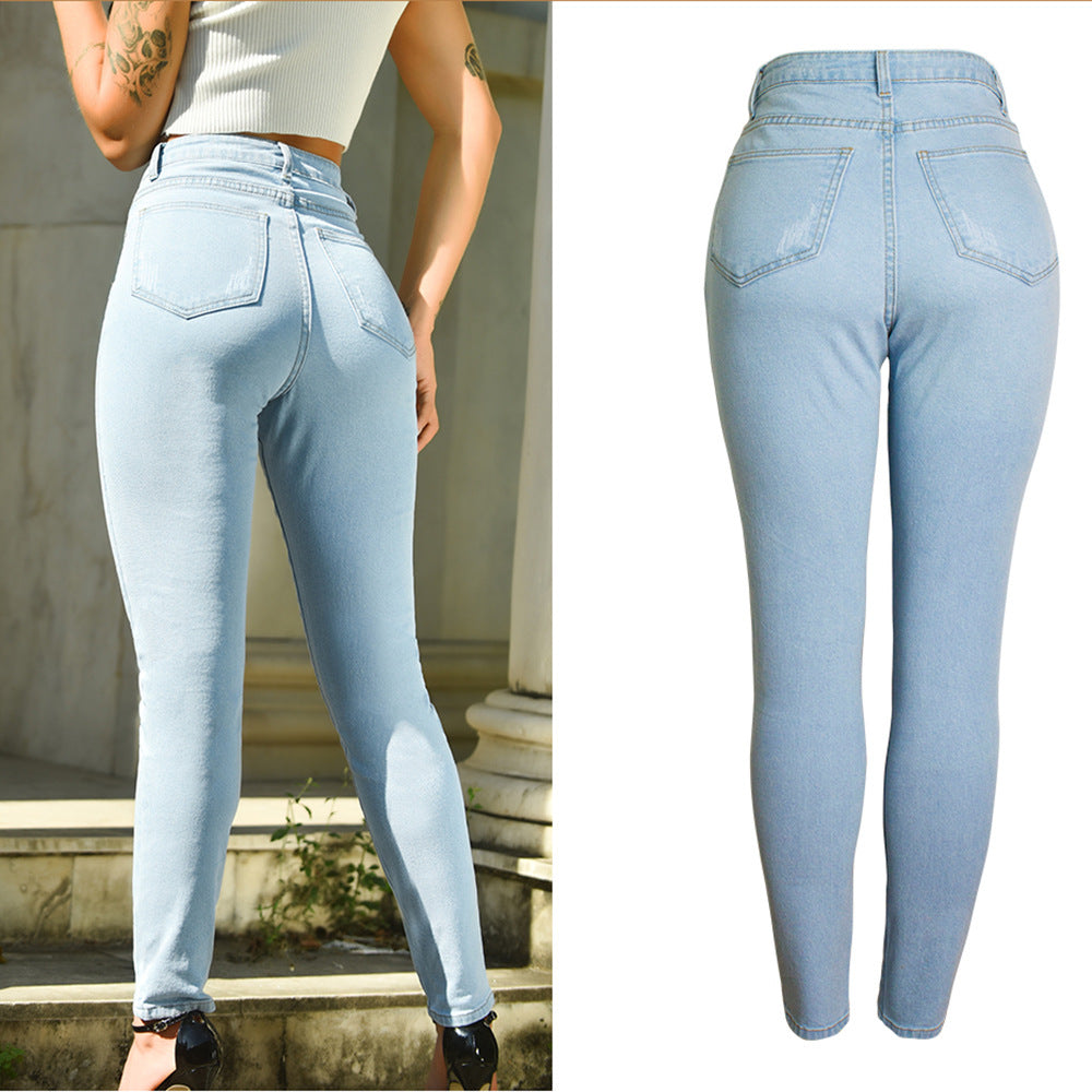 Fall Women Clothing High Waist Slim Stretch Jeans Pure Color Washed Slim Jeans Plus Size