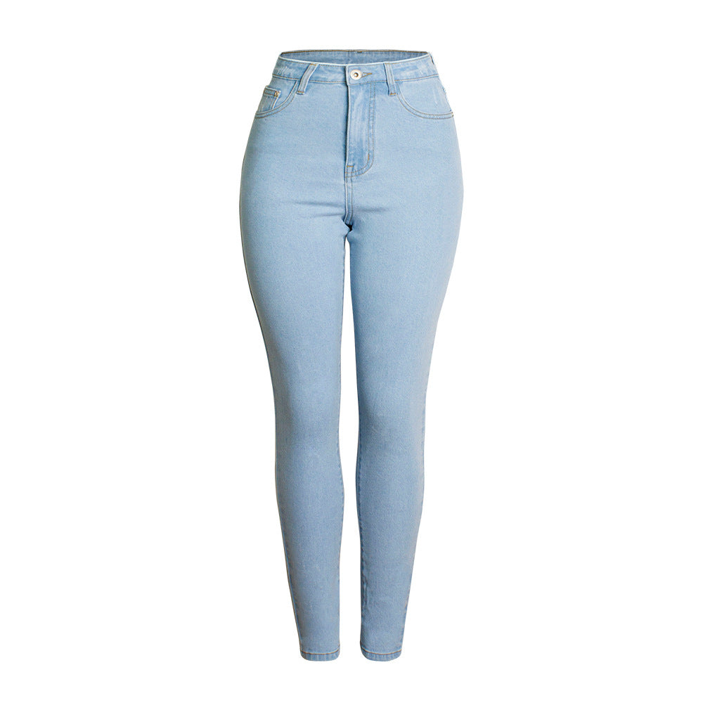 Fall Women Clothing High Waist Slim Stretch Jeans Pure Color Washed Slim Jeans Plus Size