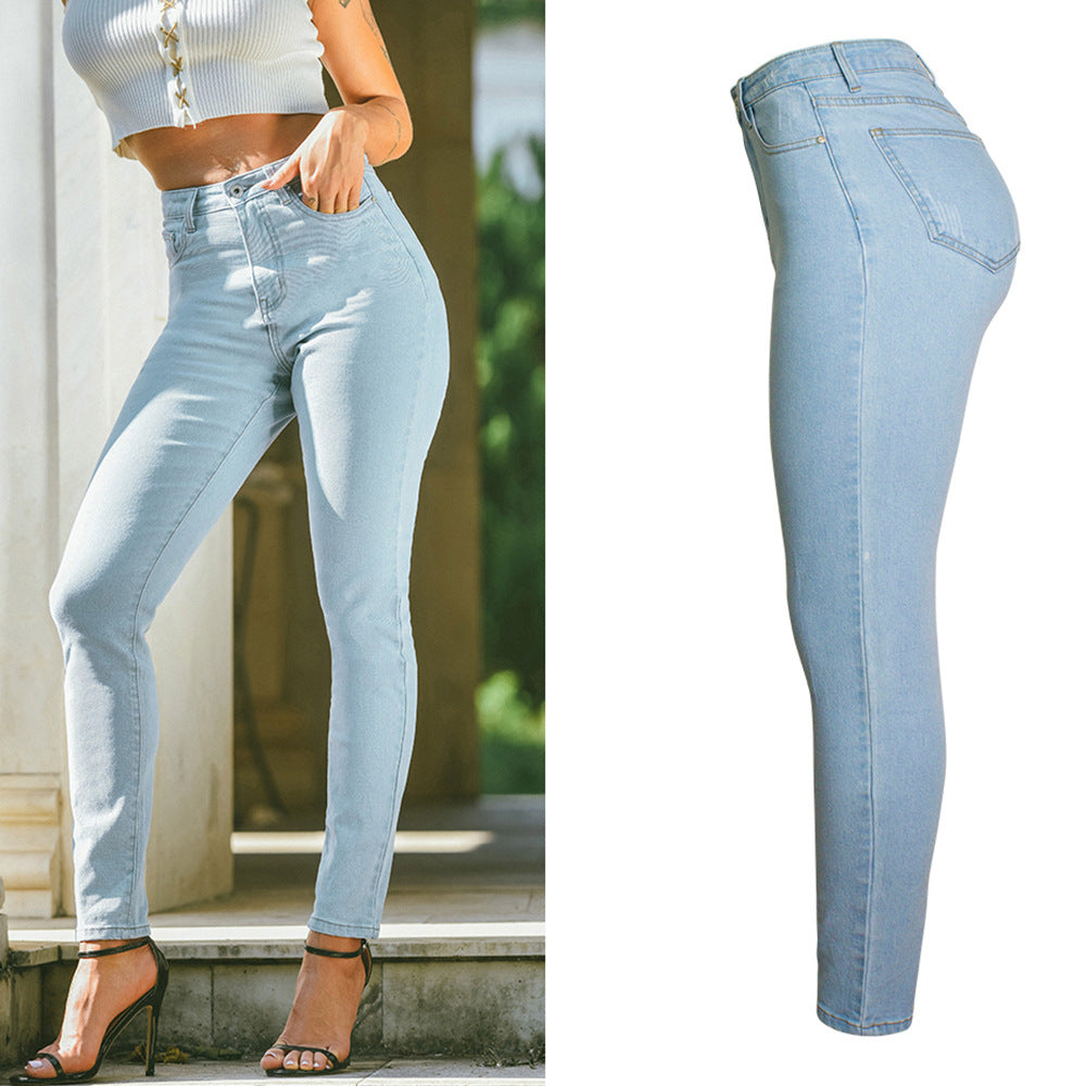 Fall Women Clothing High Waist Slim Stretch Jeans Pure Color Washed Slim Jeans Plus Size