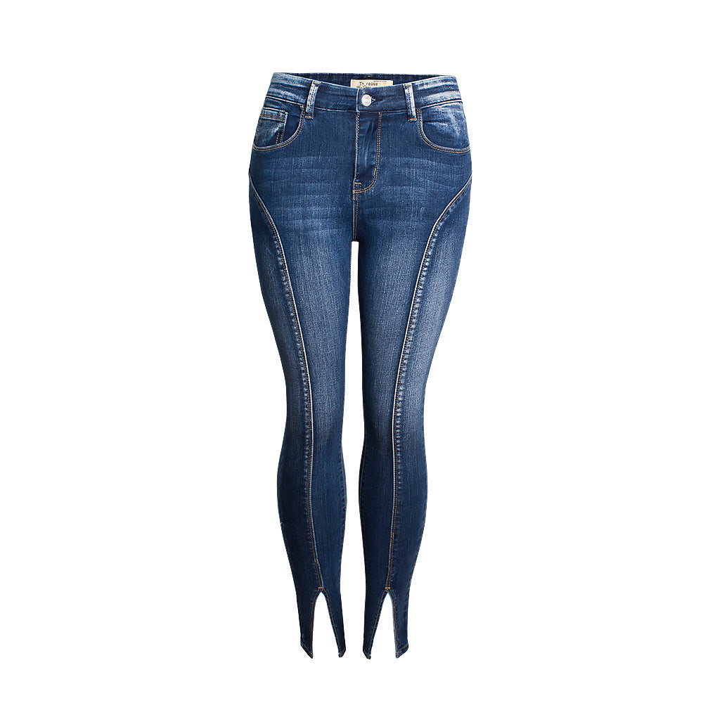 Jeans Mid-Waist Elastic Split Trousers Style High Quality Washed Cropped Jeans Plus Size