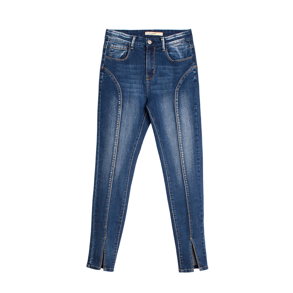 Jeans Mid-Waist Elastic Split Trousers Style High Quality Washed Cropped Jeans Plus Size