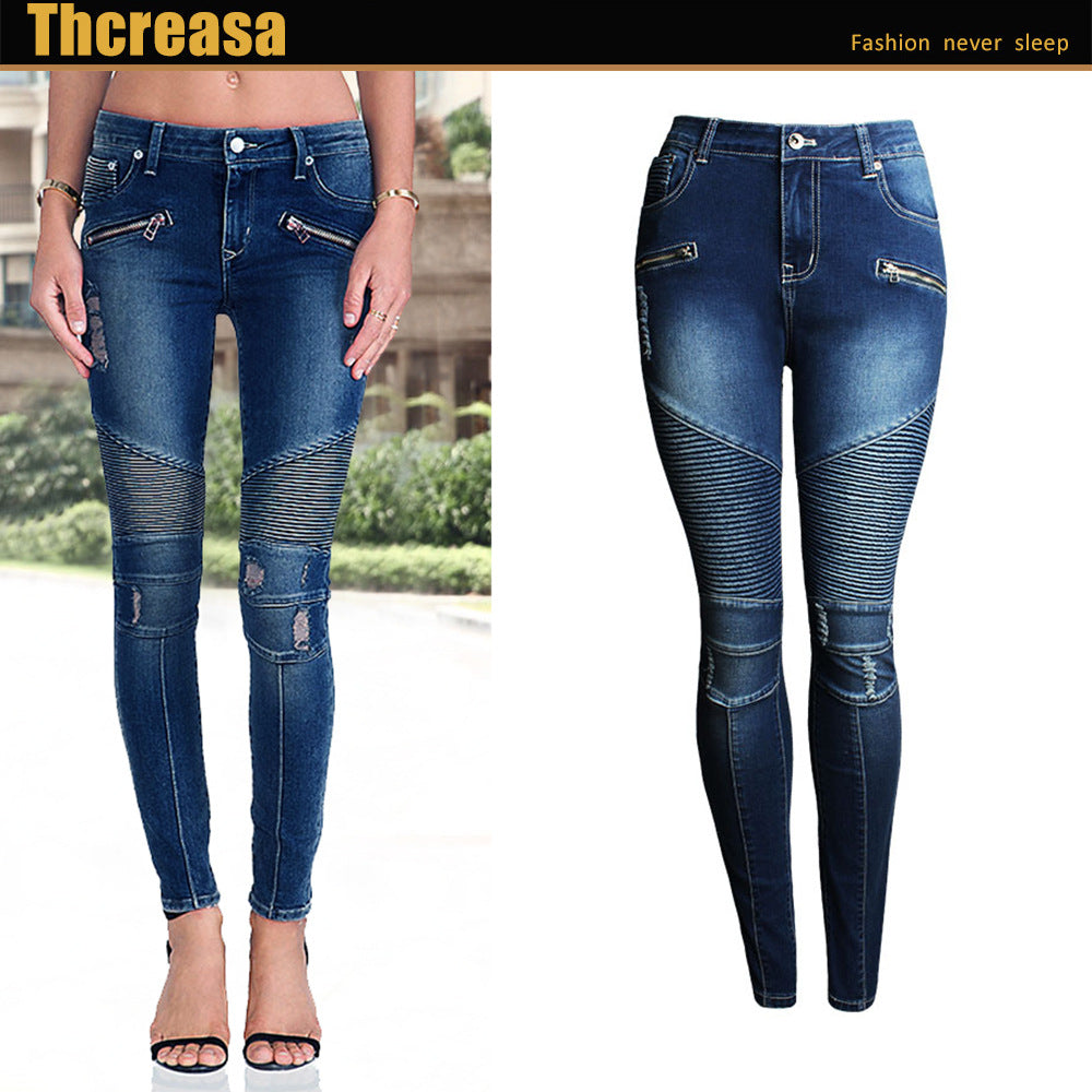 Women Clothing Ripped Slim Fit Stretch Slimming Mid Waist Women Denim Pencil Pants  Style