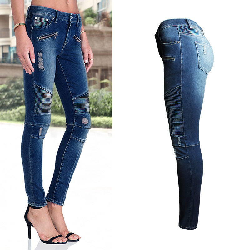 Women Clothing Ripped Slim Fit Stretch Slimming Mid Waist Women Denim Pencil Pants  Style