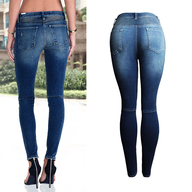 Women Clothing Ripped Slim Fit Stretch Slimming Mid Waist Women Denim Pencil Pants  Style