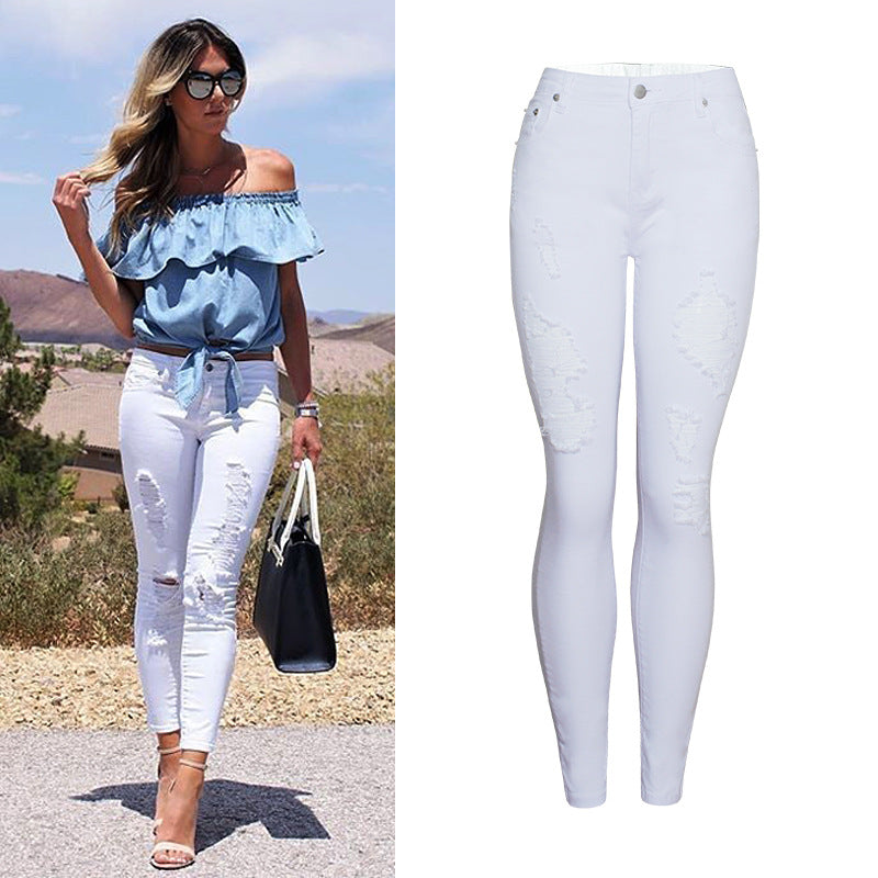 Women Clothing Popular Slim Fit Solid Color White Ripped Ankle-Tied Pants High Waist Slimming Women Pencil Pants