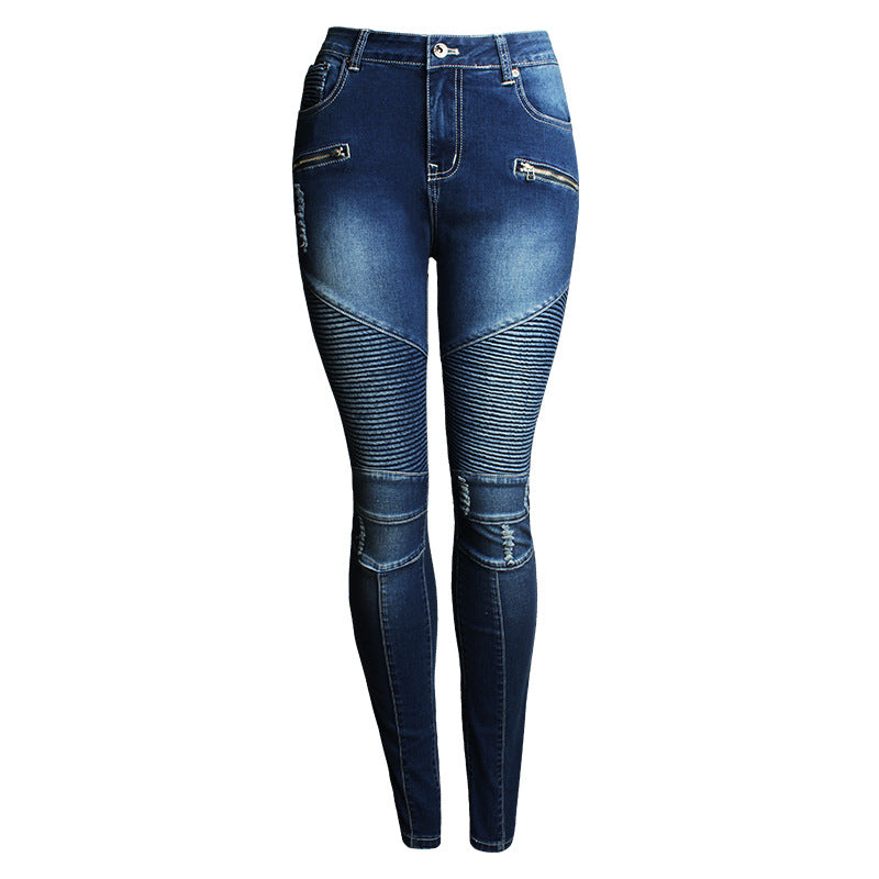 Women Clothing Ripped Slim Fit Stretch Slimming Mid Waist Women Denim Pencil Pants  Style