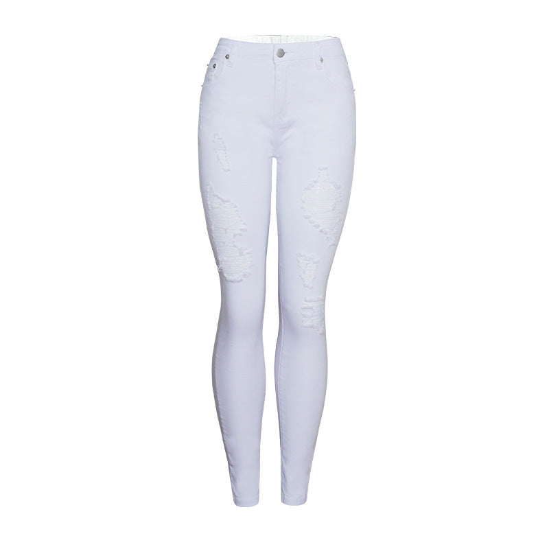 Women Clothing Popular Slim Fit Solid Color White Ripped Ankle-Tied Pants High Waist Slimming Women Pencil Pants