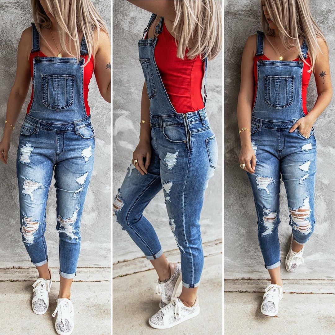 Retro Tattered Jeans Stretch Denim Brace Trousers