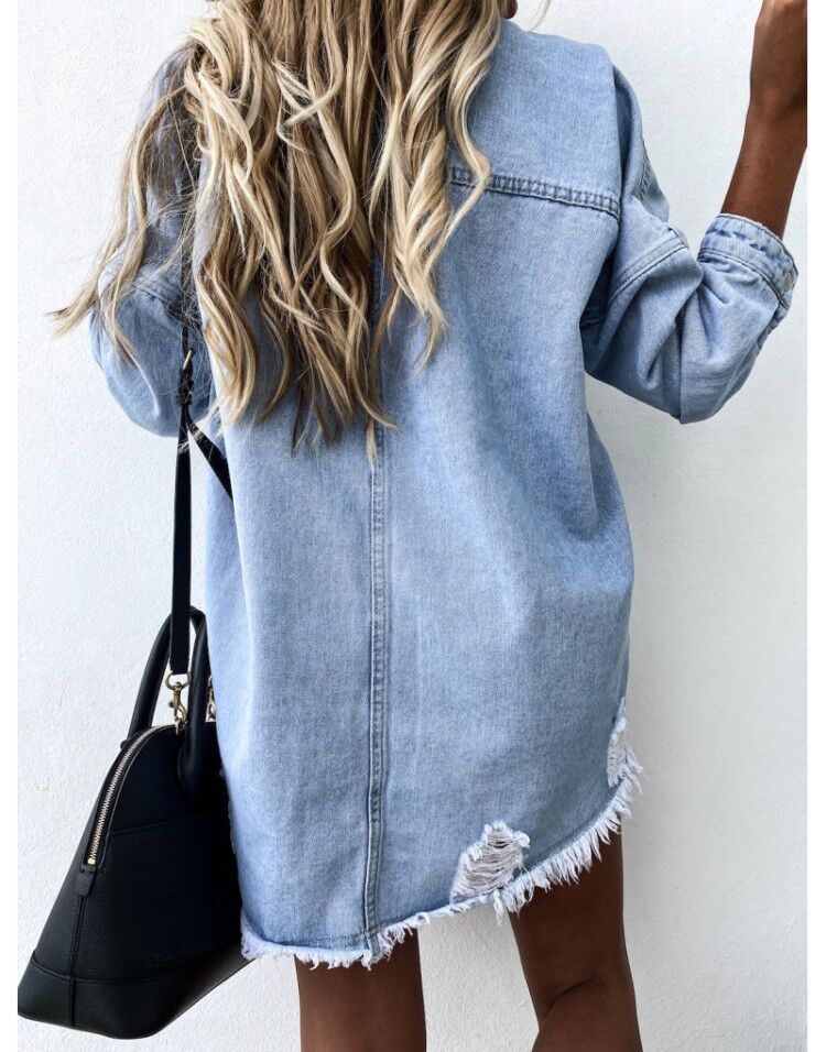 Mid-Length Loose Hole Batwing Sleeve Boyfriend Boyfriend Cardigan Denim Shacket Top