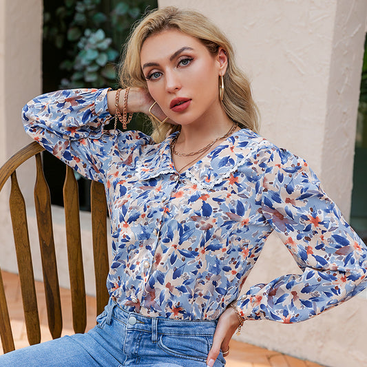 Holiday Floral Peter Pan Women Shirt Blue Bohemia Button Autumn Blouse Shirt Short Retro Casual Ladies Tops