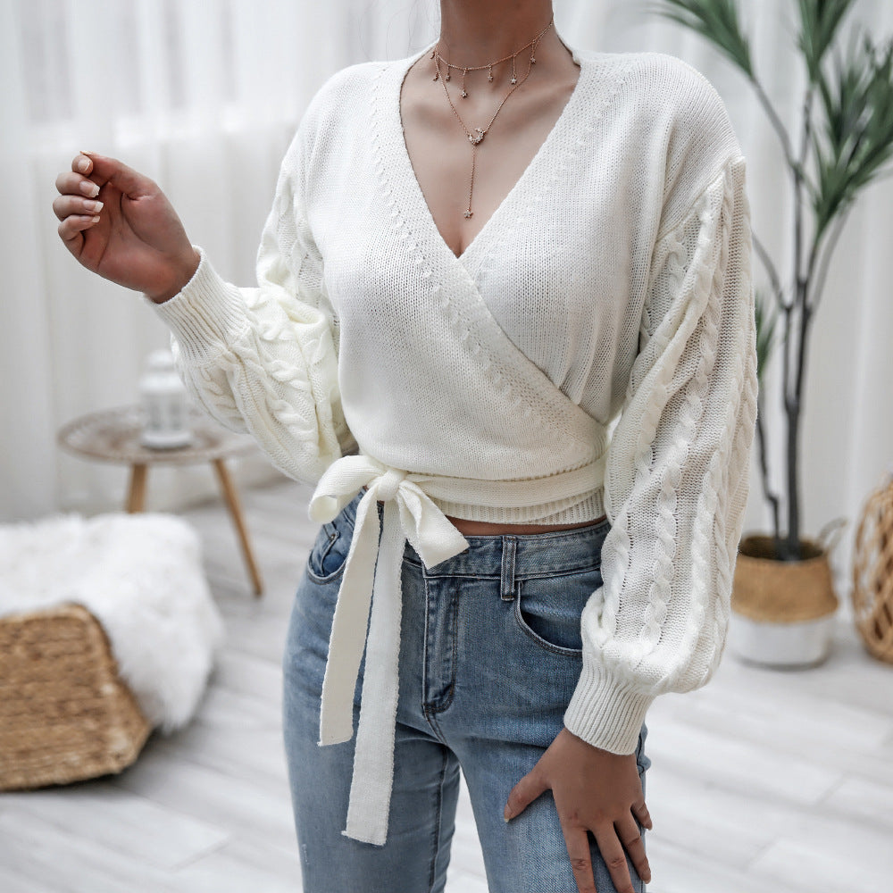 Autumn Winter  Long Sleeve Lace-up Waist-Controlled Knitwear Sweater   Women Clothing