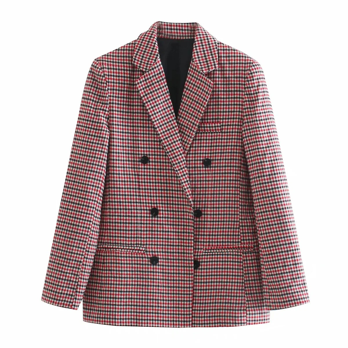 Autumn Winter Vintage Single Breasted Long Sleeve Plaid Women Padded Shoulder Blazer