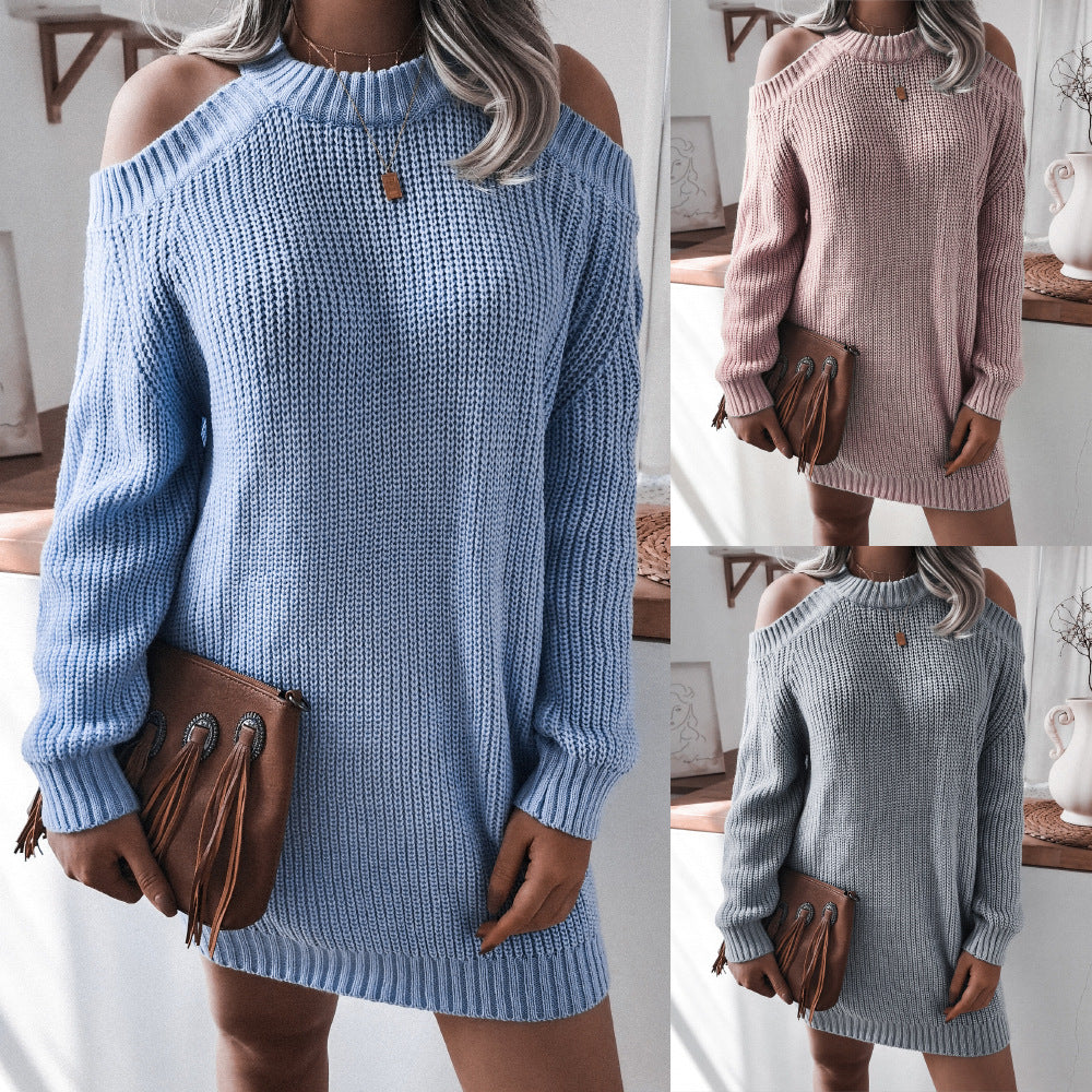 Autumn Winter off-Shoulder Long Sleeve Casual Loose Sweater Dress Women Clothing