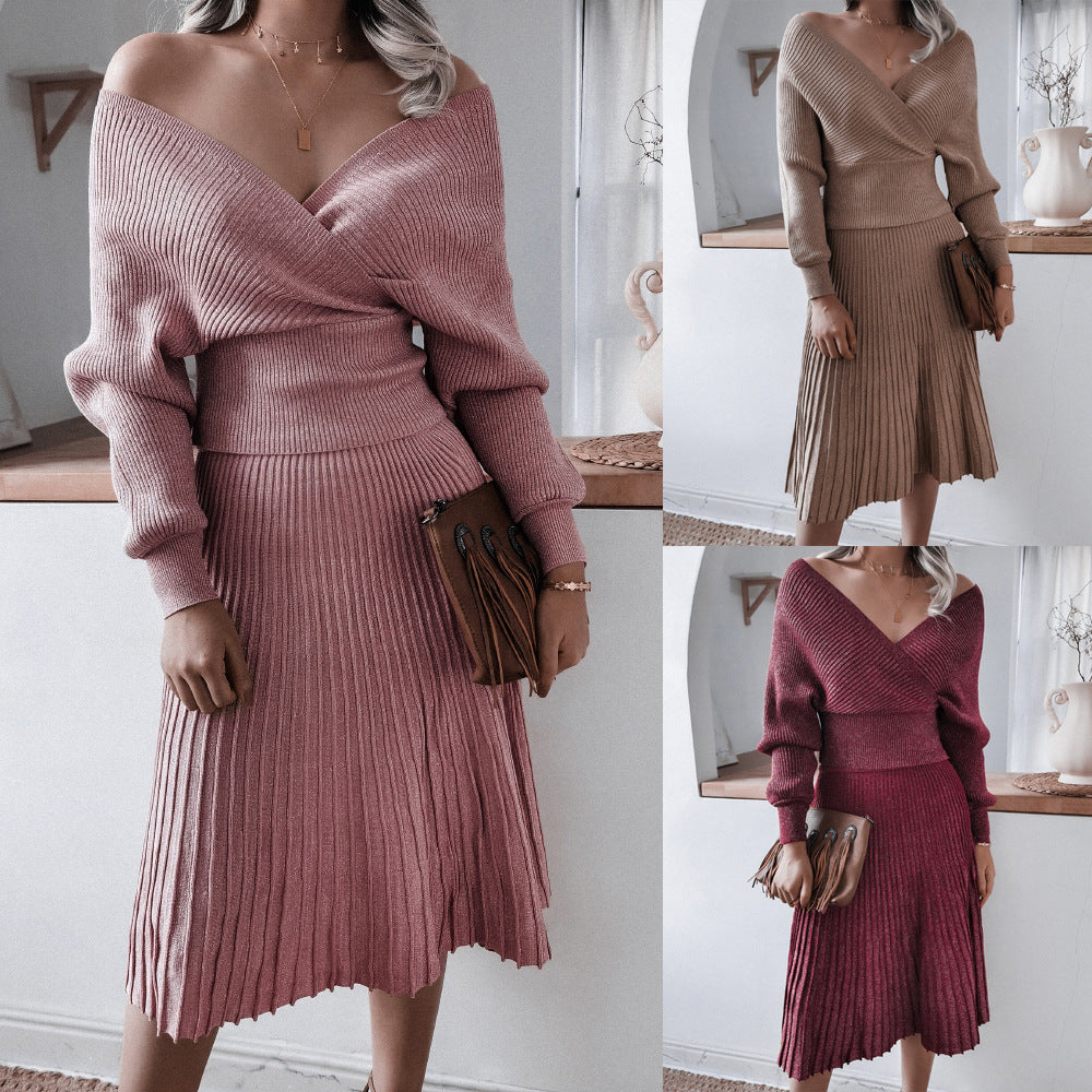 Autumn Winter  Long-Sleeved off-Shoulder Sweater Casual Pleated   Two-Piece Set Women Clothing