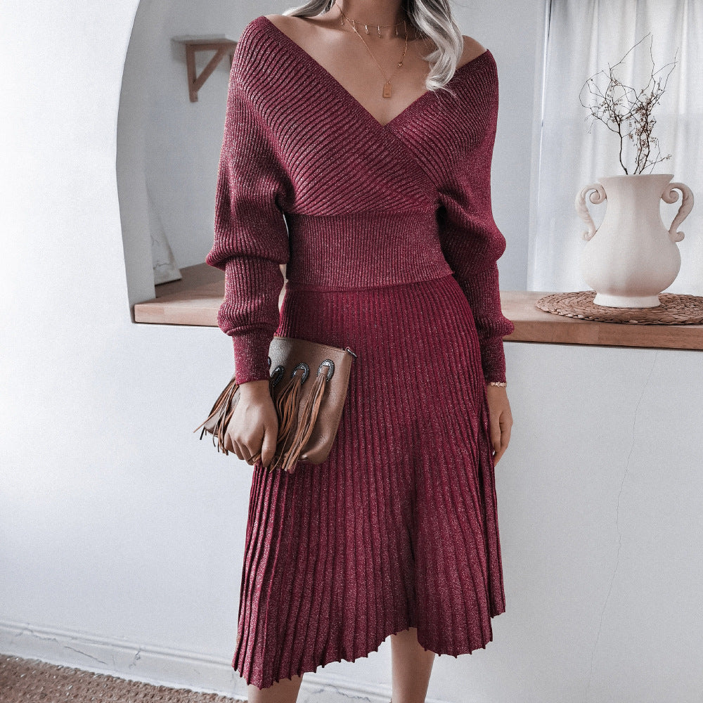 Autumn Winter  Long-Sleeved off-Shoulder Sweater Casual Pleated   Two-Piece Set Women Clothing