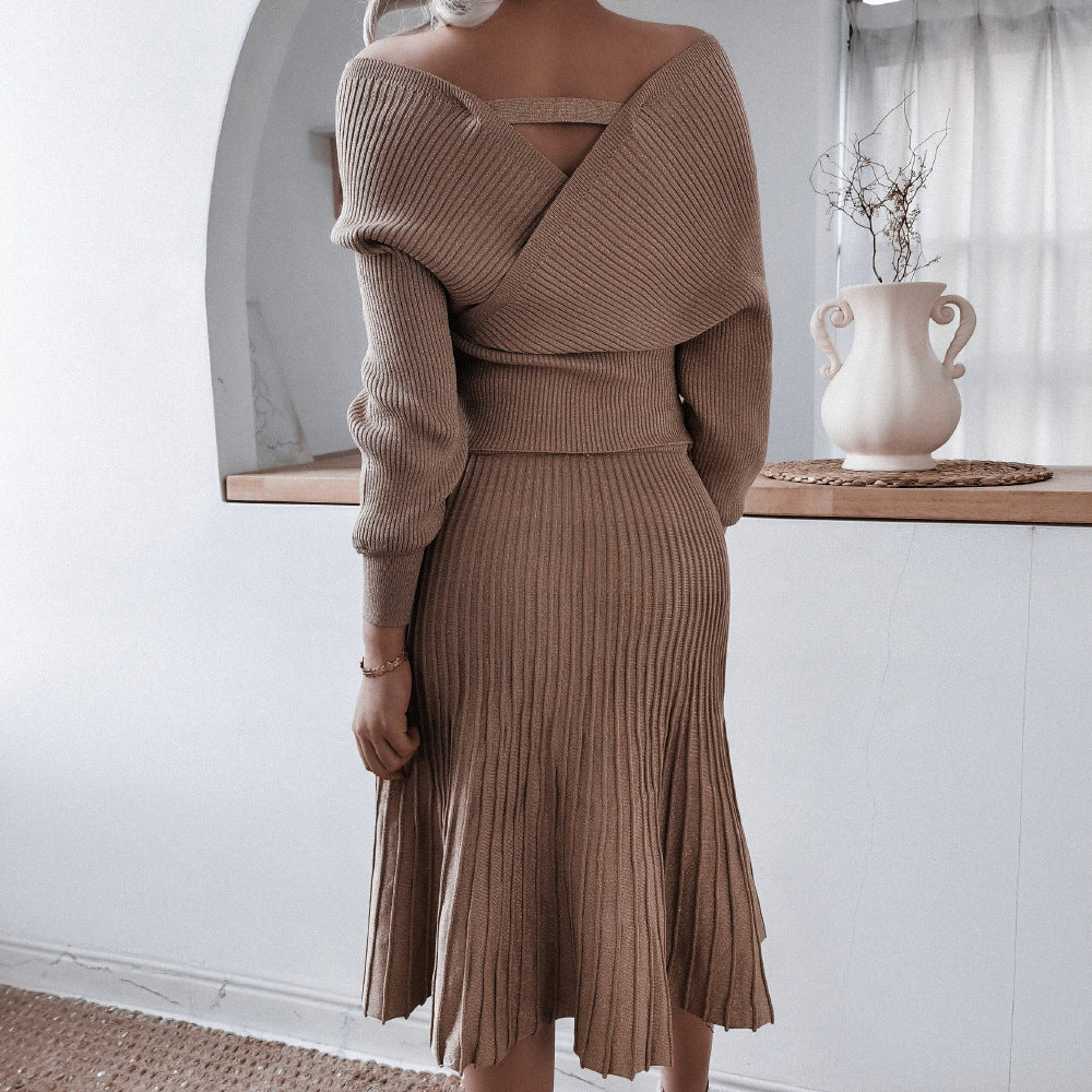 Autumn Winter  Long-Sleeved off-Shoulder Sweater Casual Pleated   Two-Piece Set Women Clothing