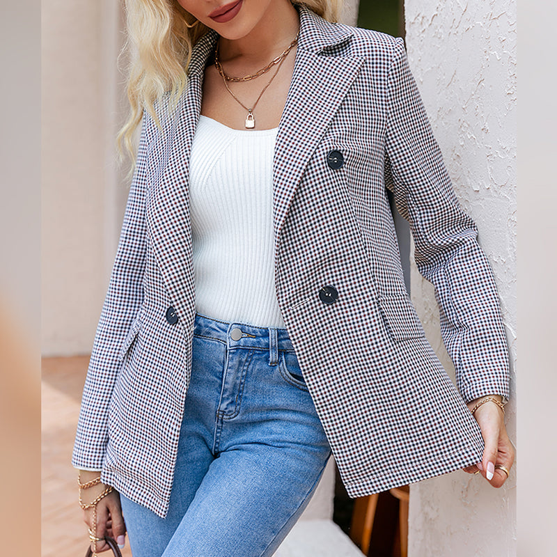 Office Gingham Square Buttons Blazer Women Plaid Shoulder Pads Pocket Slim Short Coat Long Sleeves Notched Blazer Coats