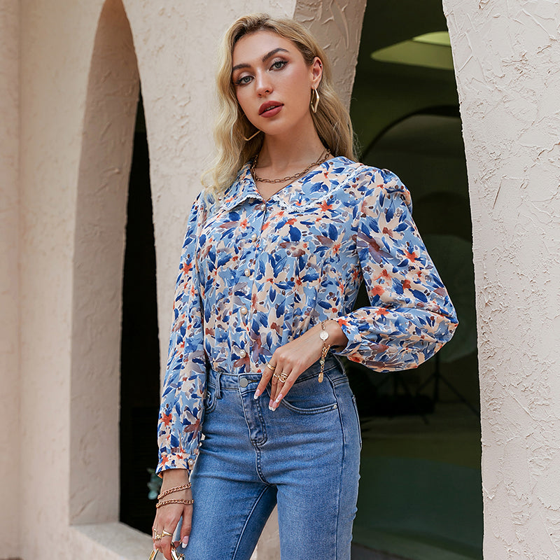 Holiday Floral Peter Pan Women Shirt Blue Bohemia Button Autumn Blouse Shirt Short Retro Casual Ladies Tops