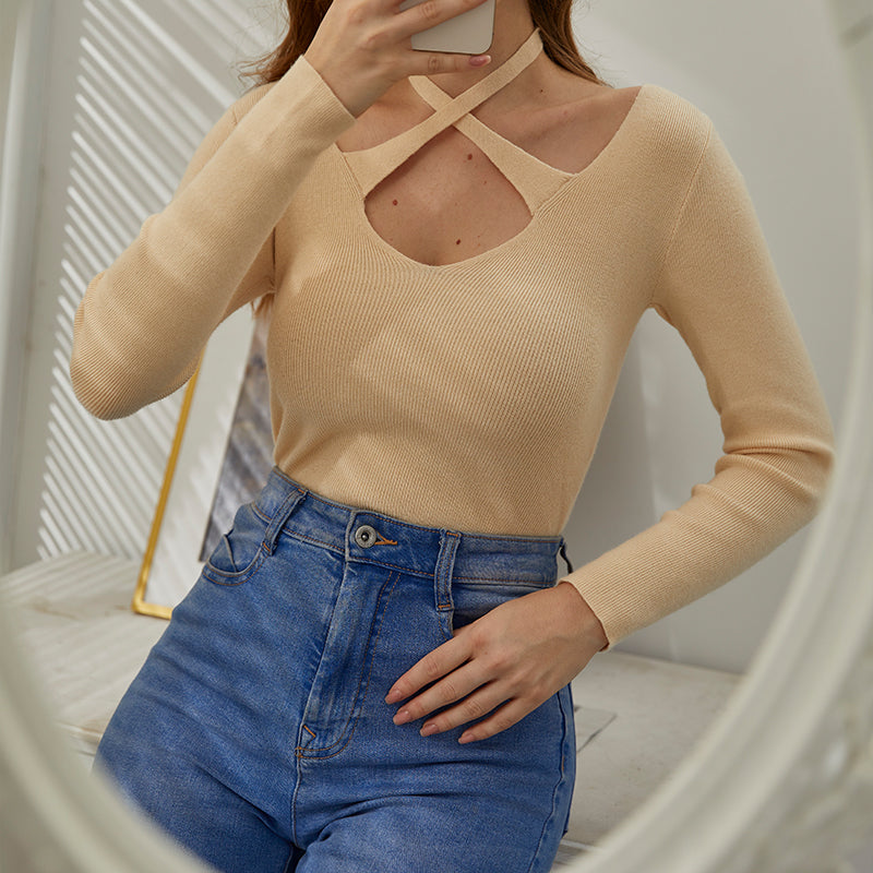 Elegant Halter Skinny Women Sweater Autumn High Street Za V-Neck Ladies Pullovers Solid Crossed Long Sleeve Knit Jumper