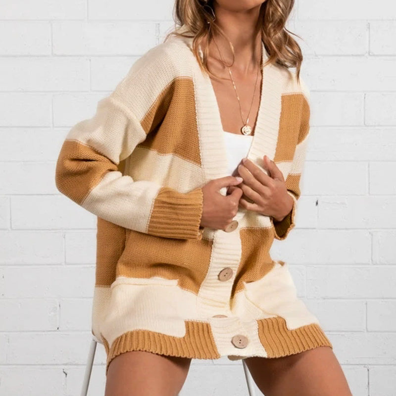 Simplee Vintage Striped Knitted Cardigan Women Autumn Winter Long Sweater Female Casual Pockets Loose Lady Yellow Cardigans