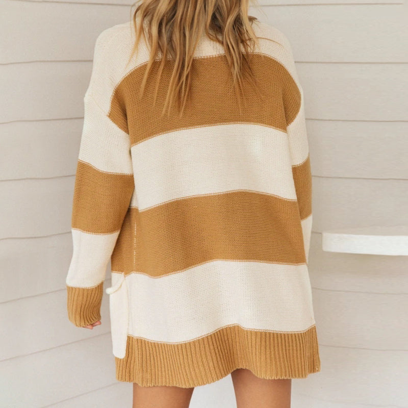 Simplee Vintage Striped Knitted Cardigan Women Autumn Winter Long Sweater Female Casual Pockets Loose Lady Yellow Cardigans