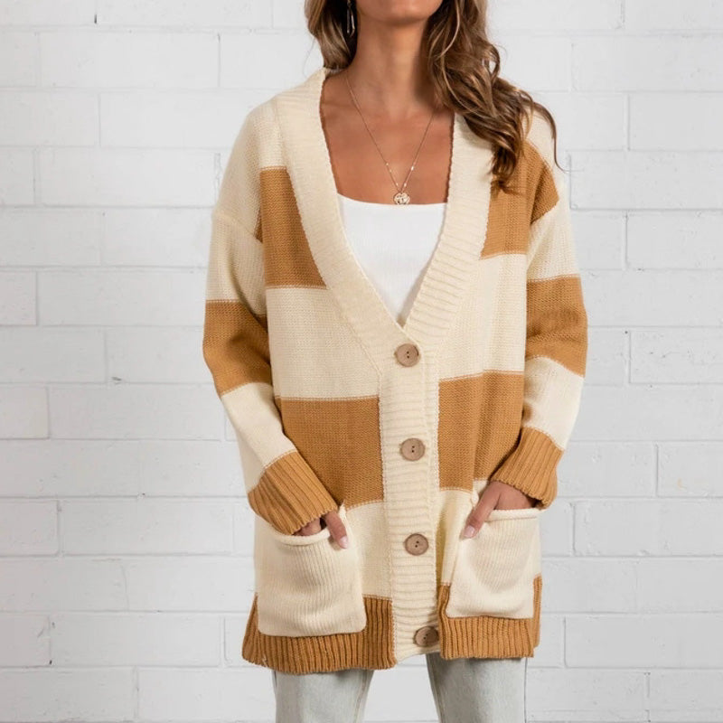 Simplee Vintage Striped Knitted Cardigan Women Autumn Winter Long Sweater Female Casual Pockets Loose Lady Yellow Cardigans