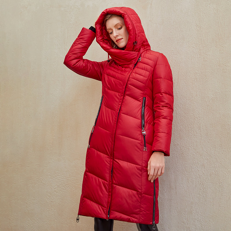 Simplee Warm Casual Women Coats Jackets With Hat Elegant Design Long Parkas Red Female Winter Windproof Jacket