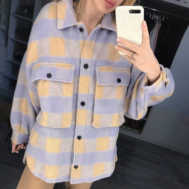 Casual Plaid Jacket Coat Women Puff Sleeve Button Pockets Outwear Female Jackets Spring Plus Size Ladies Long Coat