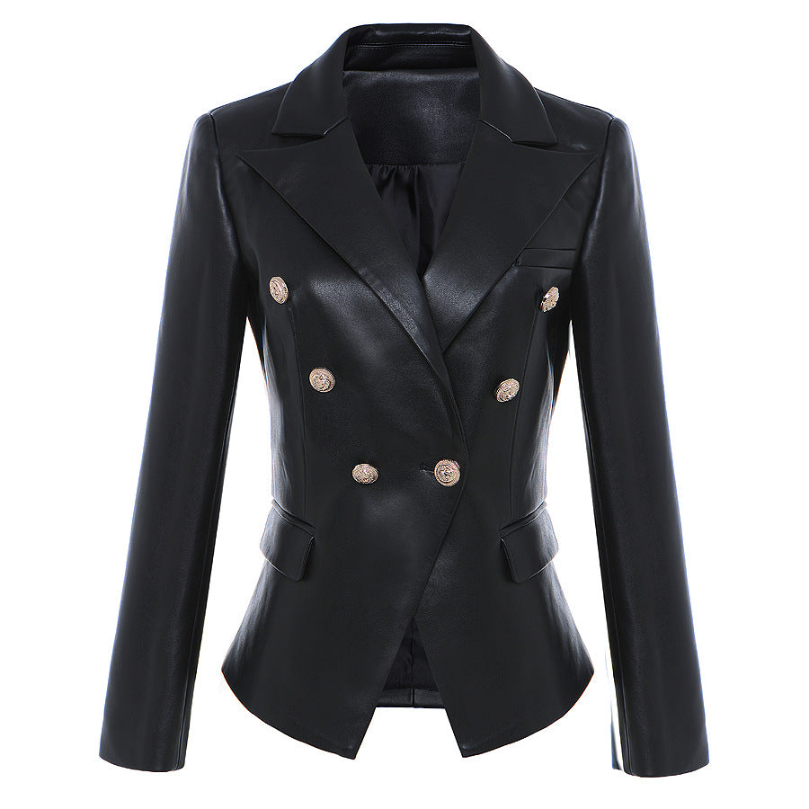 Autumn Winter High-Quality Synthetic Leather Lion Head Metal Buckle Double-Breasted Slim Blazer Leather Coat