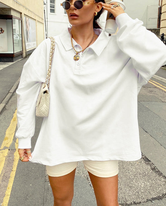 Casual white button Hoodies loose long sleeve drop shoulder sleeve Hoodie High street style spring Autumn clothing