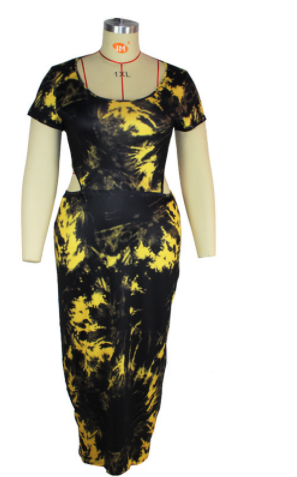 Plus Size Spring round Neck Dress Black Pencil Skirt -Style Mid-Length Waist Trimming Printing Dress