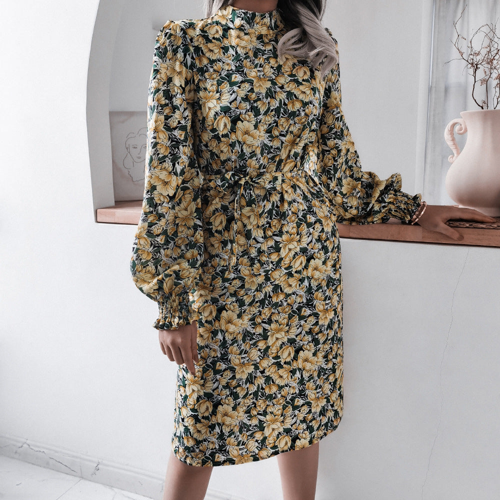 Spring  Floral Stand Collar Lantern Long Sleeve Chiffon Dress Women Clothing