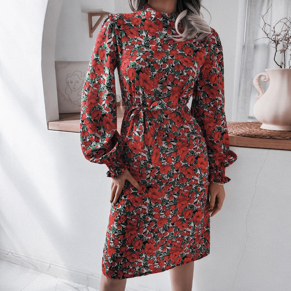 Spring  Floral Stand Collar Lantern Long Sleeve Chiffon Dress Women Clothing