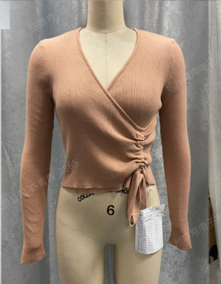 Elegant Lace Up Women Sweater V Neck Office Lady Long Sleeve Autumn Crop Pullover Solid Stylish Short Female Jumper