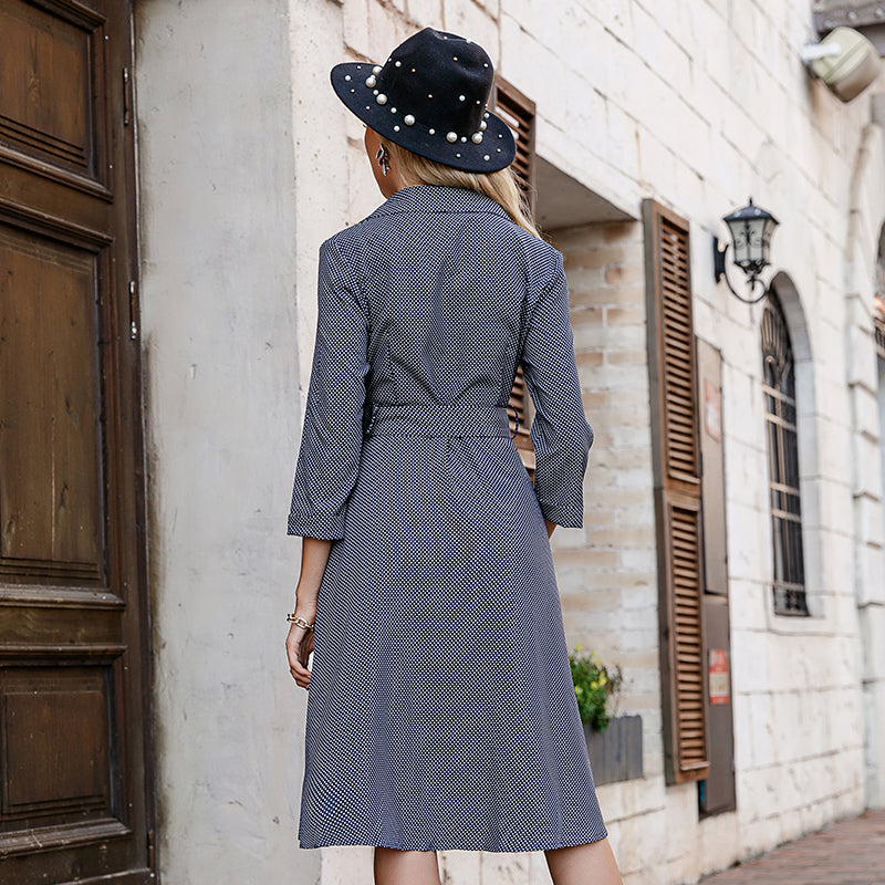 Office Polka Dot A-Line Belt Women Dress Elegant Buttons Notched Midi Vestidos Female Long Sleeves Split Blazer Dresses