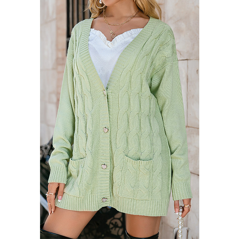 Casual Green Pocket Cardigan Women Long Za Button Long Sleeve Sweater Cardigan Winter Elegant Office Female Knit Coat