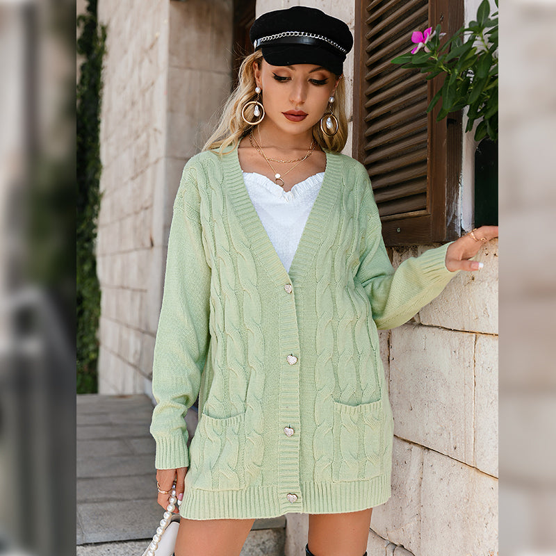 Casual Green Pocket Cardigan Women Long Za Button Long Sleeve Sweater Cardigan Winter Elegant Office Female Knit Coat