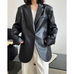 Autumn Winter New Retro Modern Faux Leather Profile Blazer Loose Casual Soft Top for Women Blazer