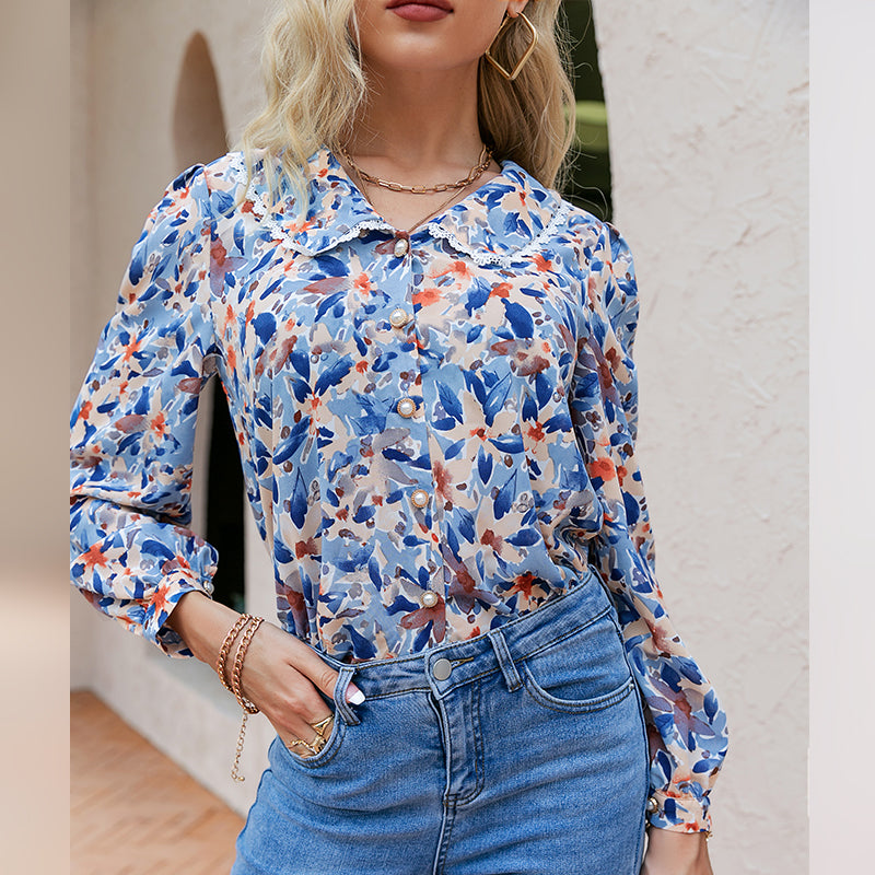 Holiday Floral Peter Pan Women Shirt Blue Bohemia Button Autumn Blouse Shirt Short Retro Casual Ladies Tops