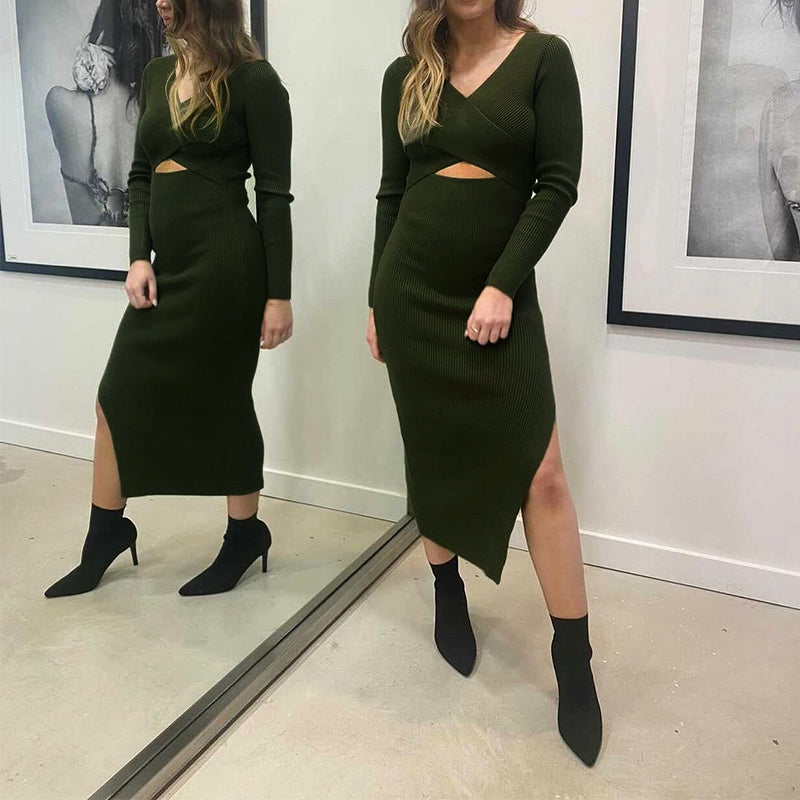 Sexy Hollow Out Cutout Out V-Neck Long Sleeves Knitted Dress Women Split Winter Party Dresses Female Autumn Green Sheath Vestidos