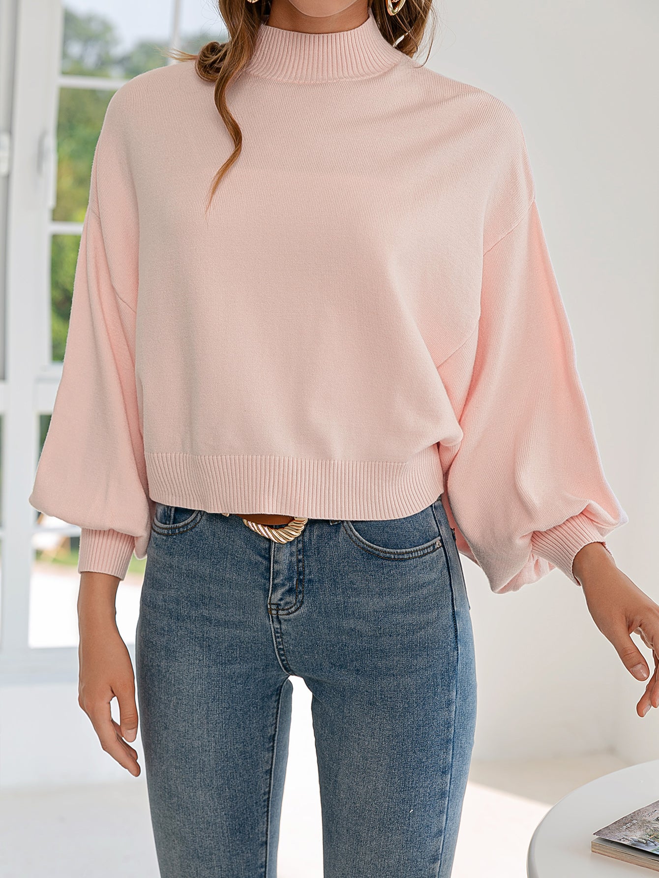 Lantern Sleeve Light Pink Women  Sweater Lady Autumn Winter Soft Pullovers Short