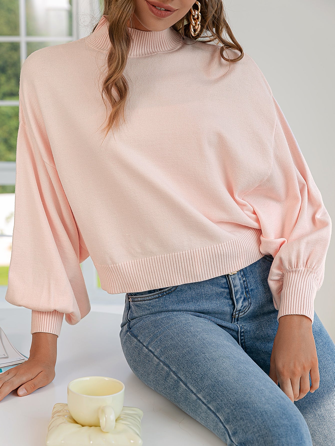 Lantern Sleeve Light Pink Women  Sweater Lady Autumn Winter Soft Pullovers Short