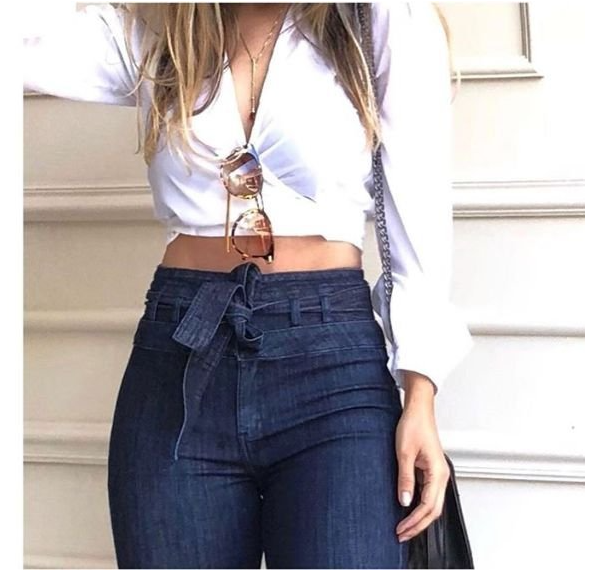 High Waist Micro Elastic Lace-up Bell-Bottom Pants Wide Leg Pants Jeans